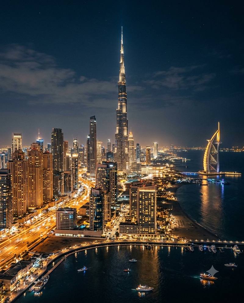 Skyline di Dubai al tramonto, con il Burj Khalifa e il quartiere finanziario